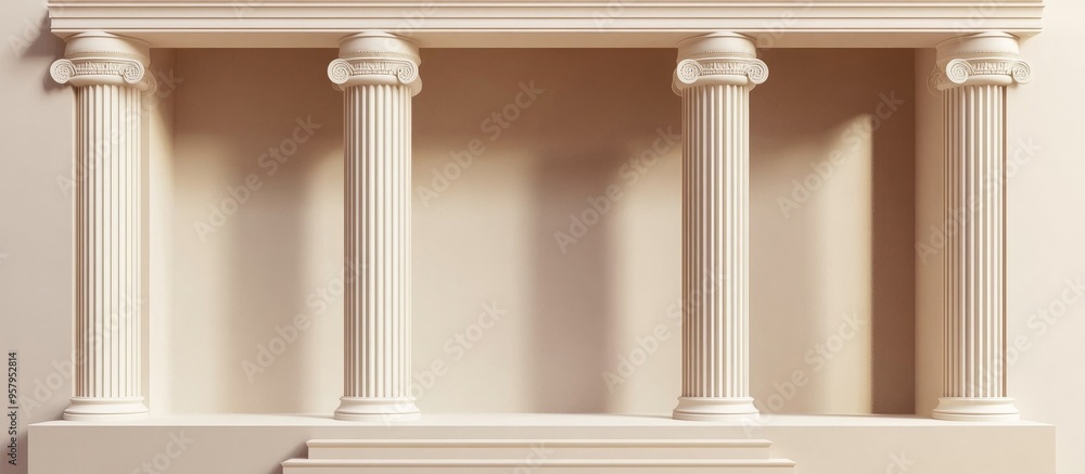 Aufkleber Product display podium with antique beige columns resembling ancient Greek architecture designed for object placement in a 3D rendering
