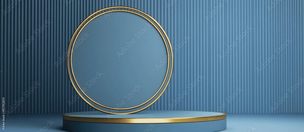 Poster Blue cylindrical podium with a gold border and circular accent on a blue background Abstract minimalist 3D geometric object for product display 3D rendering