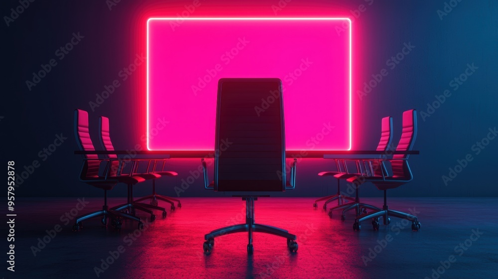 Poster illuminating strategic business forecast with neonlit data visualizations in high-tech boardroom set