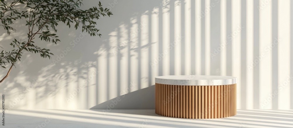 Poster minimalist luxury cylindrical podium featuring wooden slats and a white marble top against a white w