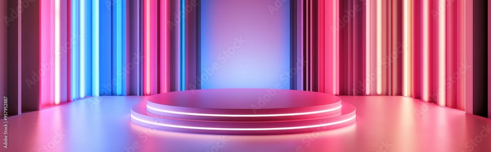 Poster pink podium set in a pink room with illuminated wall features 3d rendering