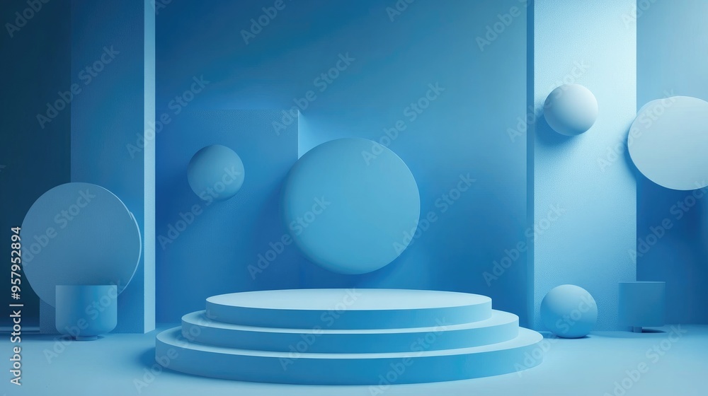 Poster empty podium surrounded by geometric shapes in a blue composition designed for a modern stage displa