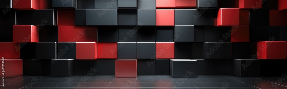 Poster black and red 3d shapes wall with shiny surfaces modern platform 3d render