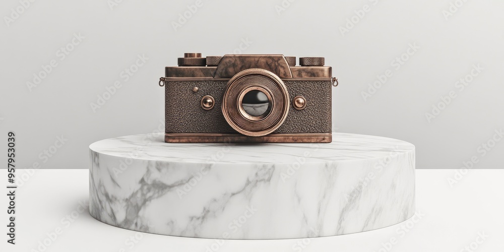 Poster bronze photo camera symbol displayed on a white marble podium icon for use in websites social media 