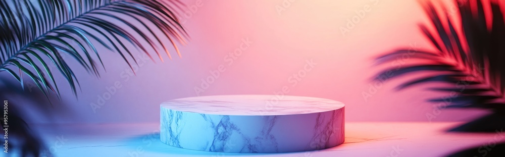 Aufkleber Marble podium mockup featuring a white palm leaf against a light backdrop evoking a tropical summer theme This minimal abstract scene includes geometric shapes designed for panoramic banners and p