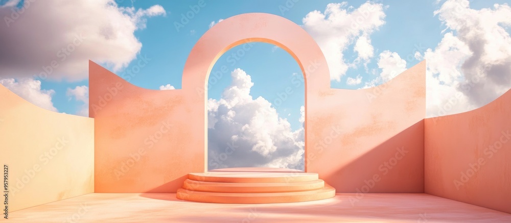 Aufkleber podium stand against a peach backdrop featuring a blue sky and clouds rendered in 3d
