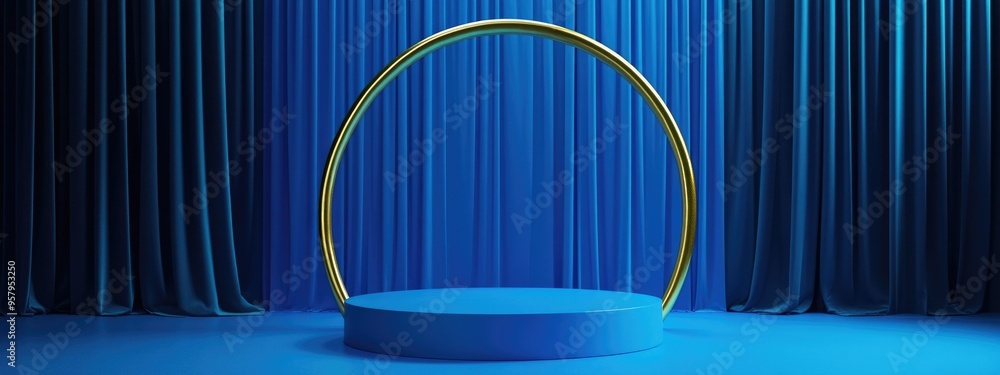 Aufkleber Empty blue cube podium with a gold border arch against a blue curtain background Abstract minimalist 3D geometric shape for product display mockup 3D rendering