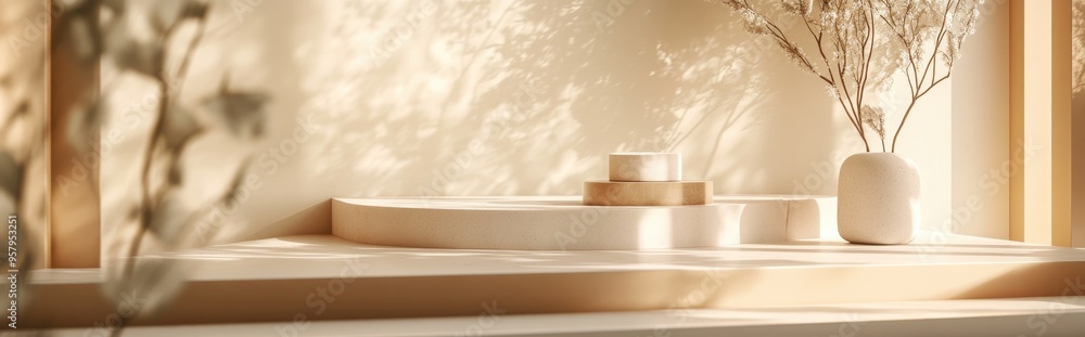 Aufkleber Podium featuring abstract geometric elements and shapes designed for product display and presentation in a softly focused 3D rendered scene