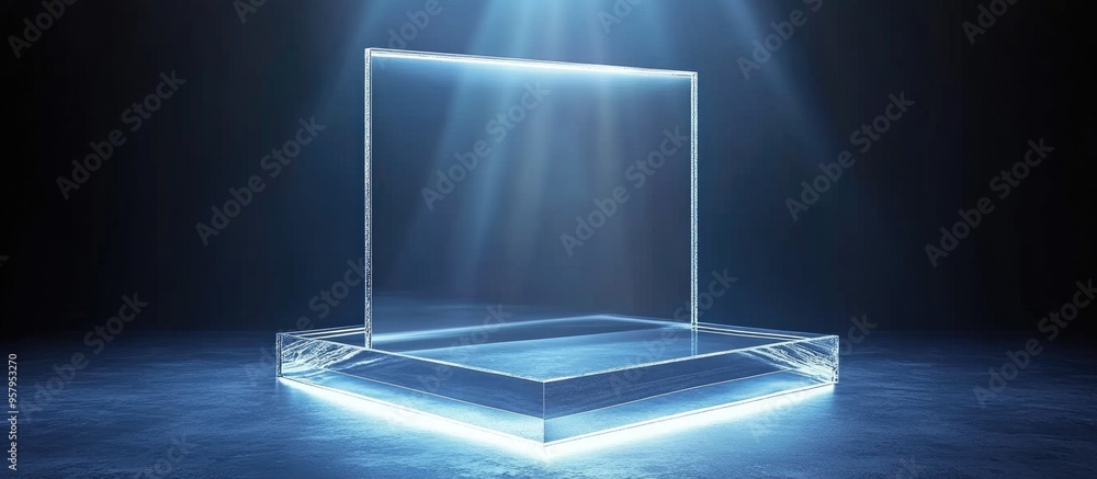 Poster Glass podium for product display featuring a 3D transparent stage stand Luxurious crystal display or presentation podium with a square glass design illuminated by light