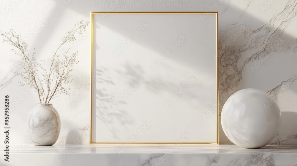 Poster minimalist clean product pedestal with a gold frame and abstract memorial board featuring a blank sp