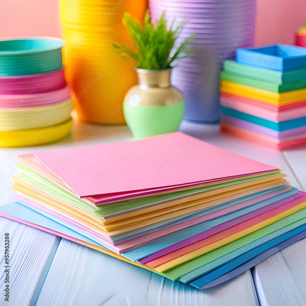 Poster a vibrant stack of colorful paper sheets. perfect for crafting. scrapbooking. or adding a touch of f