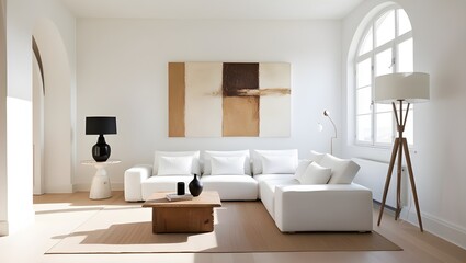 Fototapeta premium Modern Minimalist Living Room Design, Elegant Interior Decor Ideas, Bright and Airy Home Spaces, Stylish Furniture for Contemporary Homes, Chic Scandinavian Living Room Inspiration.