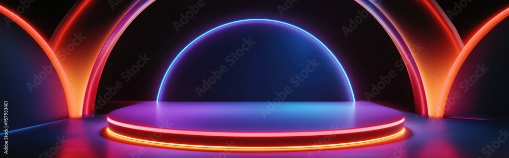 Poster Illuminated podium in an abstract scene with neon lighting 3D rendering of a futuristic backdrop