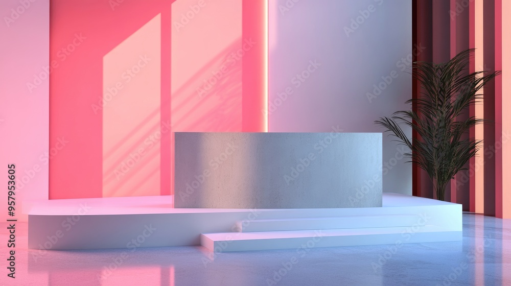 Poster Podium backdrop featuring a desk and wall designed for product presentation 3D rendering