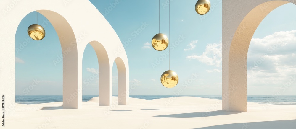 Poster abstract architectural design featuring arches and suspended golden spheres set against a sandy beac