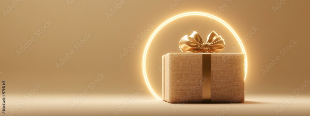 Aufkleber minimalistic product backdrop for festive occasions and promotional events beige gift box adorned wi