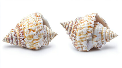 Fototapeta premium Both sides of a sea shell displayed against a white background, showcasing the intricate patterns and natural beauty of the shell from different angles