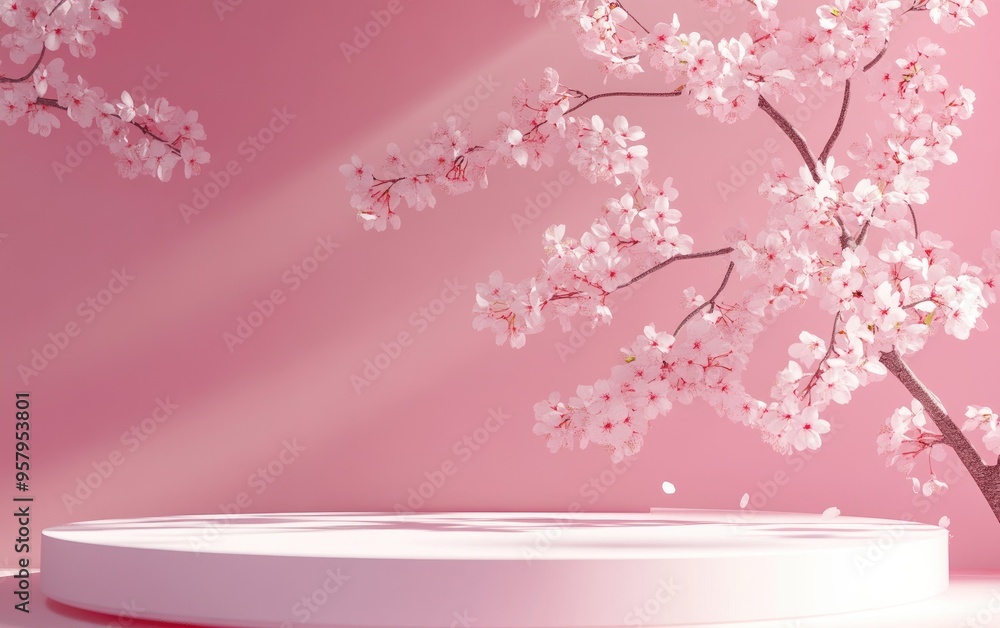 Poster abstract spring scene featuring a geometric levitation podium with a blossoming sakura tree against 