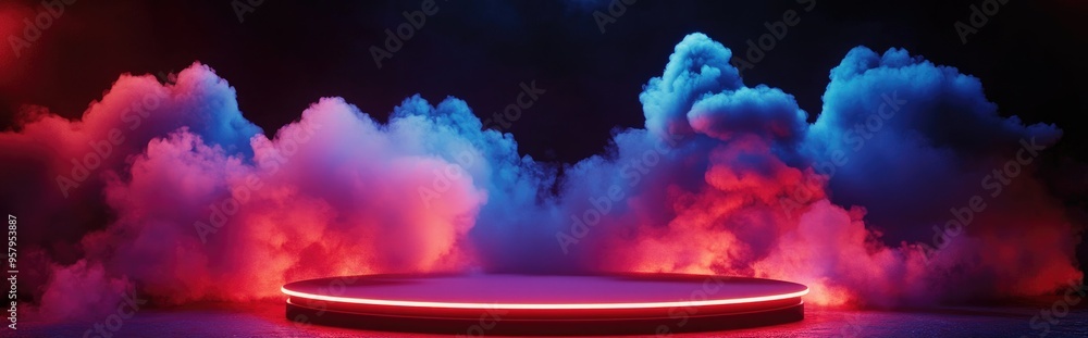 Poster Podium adorned with fairy lights and clouds on a red backdrop 3D rendering
