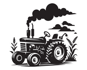 A tractor Vector black clipart isolated on a white background, A farm Tractor Silhouette
