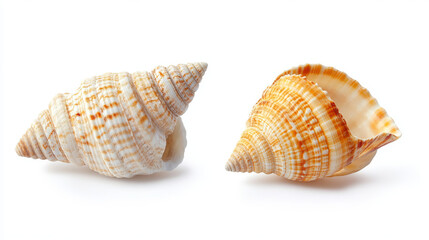 Both sides of a sea shell displayed against a white background, showcasing the intricate patterns and natural beauty of the shell from different angles