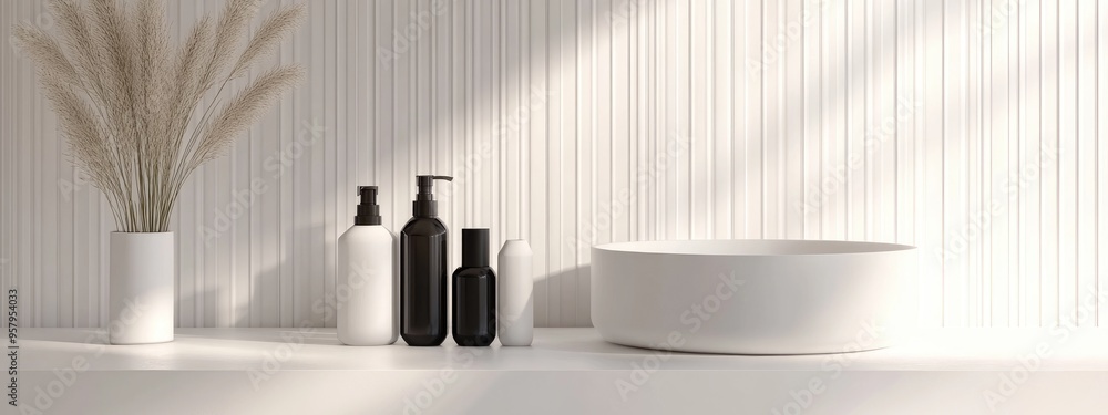 Poster modern white backdrop with a white podium displaying geometric cosmetic products 3d rendering
