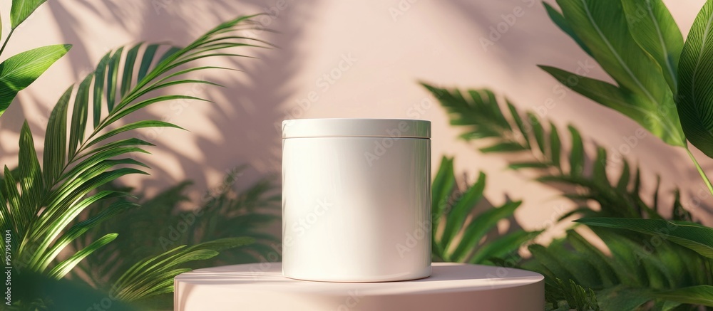 Poster minimalist white cylinder container surrounded by tropical palm leaves in a bright summer setting id