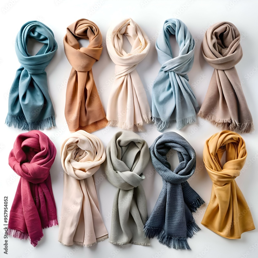 Poster a collection of 10 colorful scarves arranged in a neat row. perfect for displaying a wide range of c