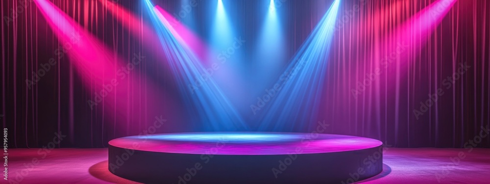 Poster Empty podium with a disco backdrop Rays of light illuminate a magical event Vibrant square stage design suitable for exhibitions Core demonstration area featuring a 3D rendered scene with gleaming