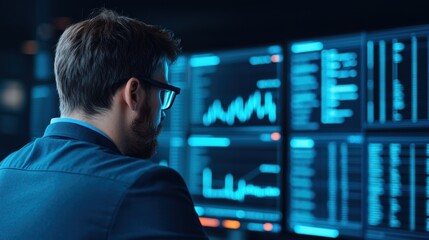 Advanced AI Analytics for Business Growth Forecasting in Sleek Dark Office with Neon Blue Highlights