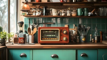 Vintage Kitchen with Retro-Style Radio and Classic Cooking Tools