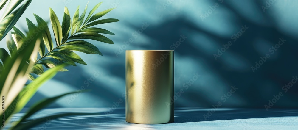 Aufkleber Elegant gold cylinder product display in a blue environment with greenery studio setup featuring minimalistic design 3D rendering