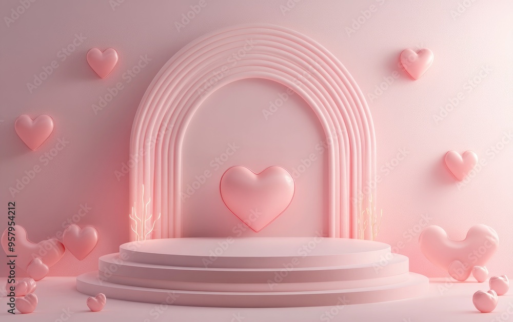 Poster premium podium stand on a soft pastel background decorative greeting card design for valentine s day
