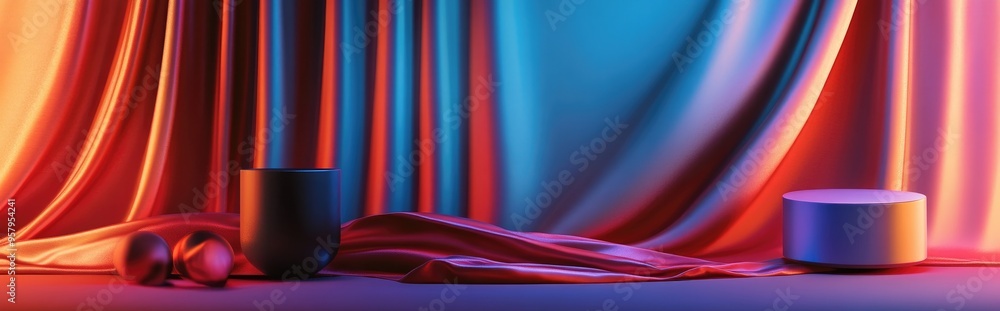Aufkleber Product showcase with arranged objects and flowing brown fabric decoration 3D rendering
