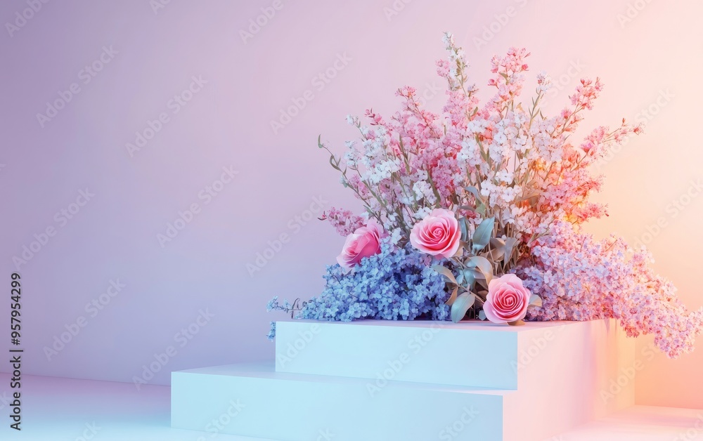 Poster Cosmetic display stand with flowers on a pastel background 3D rendering design