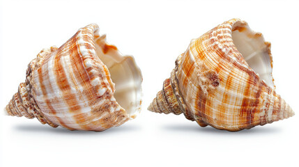 Obraz premium Both sides of a sea shell displayed against a white background, showcasing the intricate patterns and natural beauty of the shell from different angles