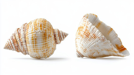Fototapeta premium Both sides of a sea shell displayed against a white background, showcasing the intricate patterns and natural beauty of the shell from different angles