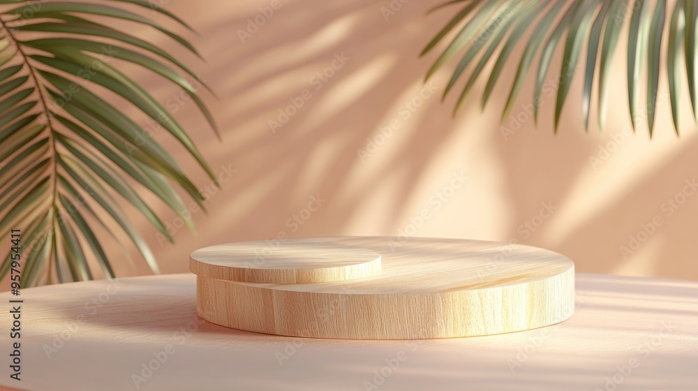 Poster wooden podium featuring ample space for product display against an abstract backdrop minimalist podi