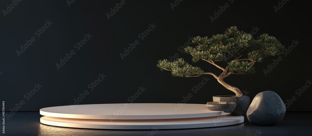 Poster japanese cosmetic theme featuring a 3d abstract podium and bonsai tree set against a black backgroun