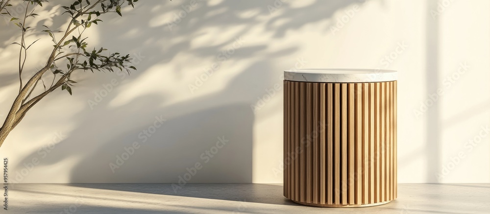 Poster minimalist luxury cylindrical podium featuring wooden slats and a white marble top against a white w