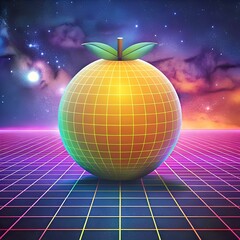 A vibrant 3D illustration of a mabolo fruit against a retro futuristic background.