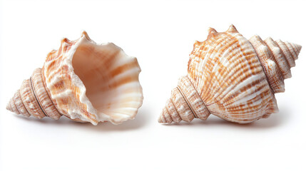 Obraz premium Both sides of a sea shell displayed against a white background, showcasing the intricate patterns and natural beauty of the shell from different angles