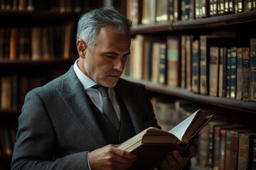 A middle-aged man with gray hair, dressed in a suit, is deeply engrossed in reading a book
