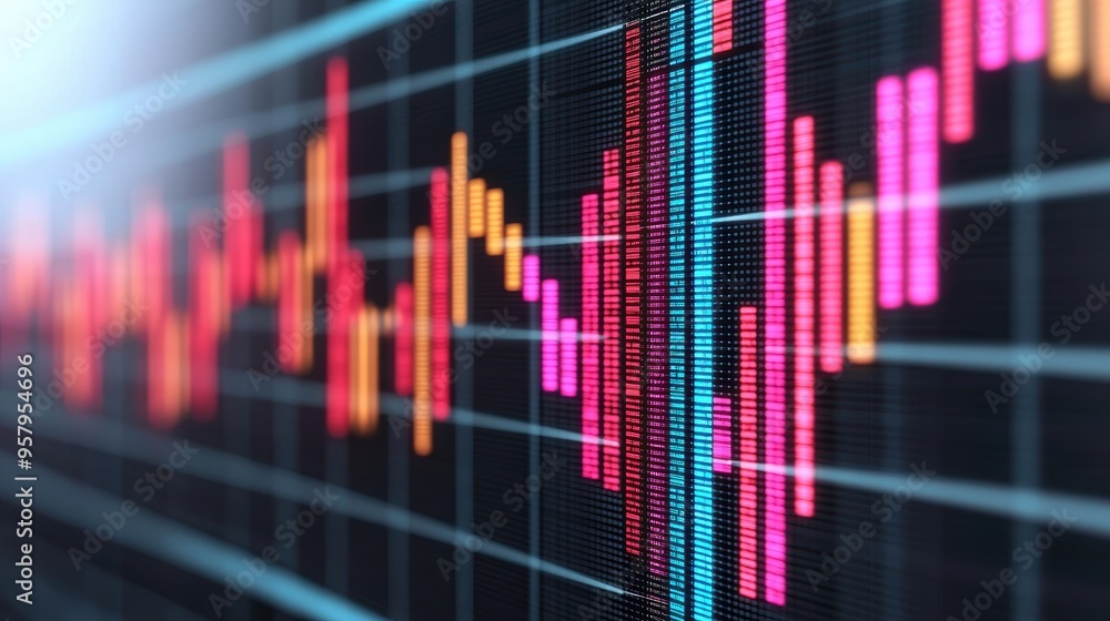 Poster futuristic holographic financial data analysis on modern background with copy space.