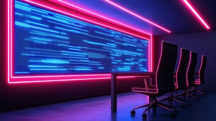 Futuristic Investment Strategies on Transparent Holographic Screens in Modern Tech Boardroom with Blue Neon Tones and Copy Space, Selective Focus in Ultra HD