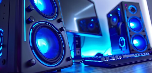 Close-up of RGB speakers with blue lights, high-tech computer desk