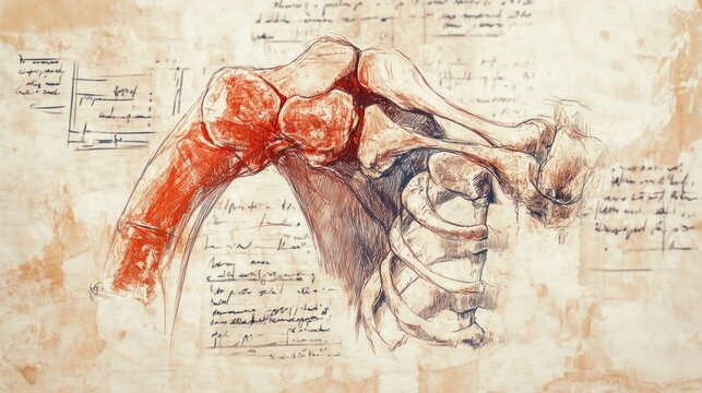 A vintage anatomical illustration of a human shoulder joint with handwritten notes in the background.