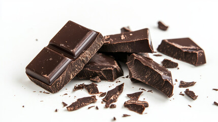 Broken pieces of a chocolate bar falling against a white background, capturing the rich, textured details and the dynamic movement of the scattered chocolate