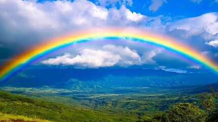 A rainbow in the sky over a lush green hillside