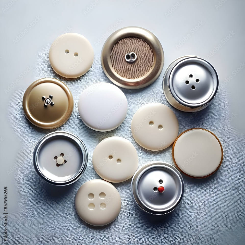 Poster a diverse collection of buttons. from classic white to sleek metallic. arranged in a circular patter